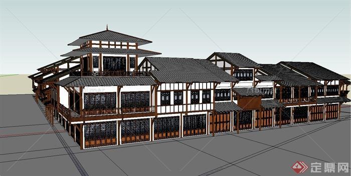 某中式川西民居风格的商业街建筑设计SU模型[原创