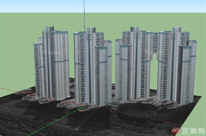 某现代四栋办公大厦设计SU模型