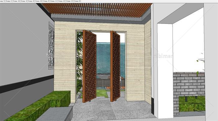某精美新中式风格独栋别墅庭院景观规划设计SU模