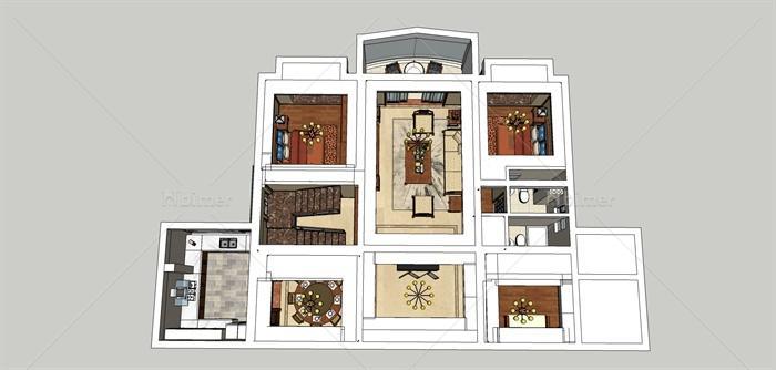 新中式复式住宅空间装饰设计su模型以及cad施工图