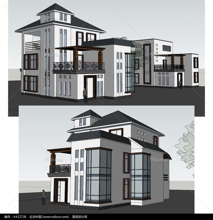 现代中式小别墅建筑草图大师SU模型