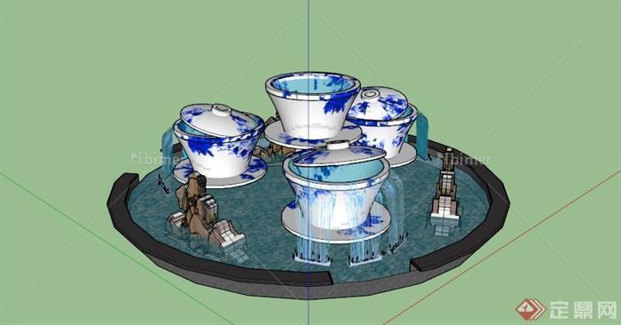 某现代中式茶杯喷泉水池SU模型