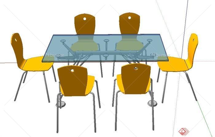 现代室内六人玻璃桌椅设计SU模型