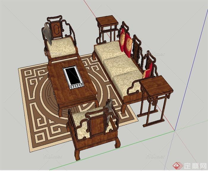 室内中式木质沙发茶几设计SU模型