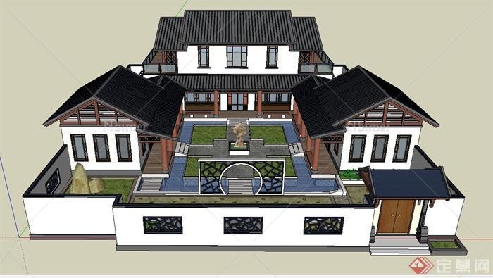 两层古典中式古建四合院住宅院落建筑设计SU模型