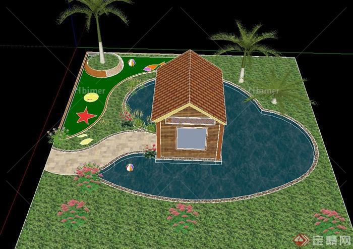 某单层木质住宅建筑庭院景观设计SU模型[原创]