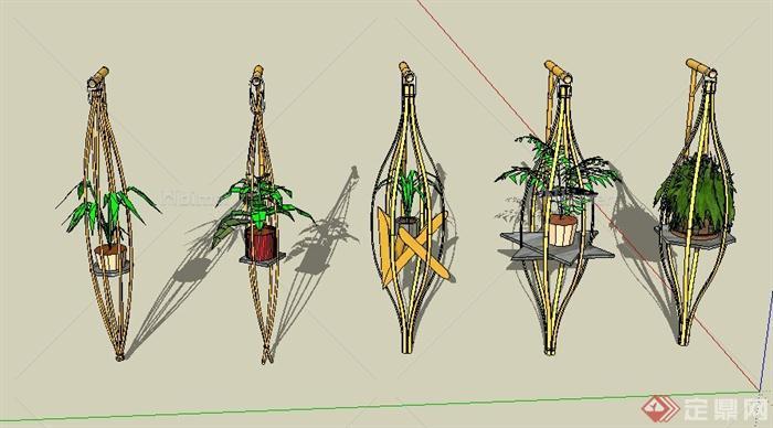 园林景观节点竹制多个花架设计SU模型
