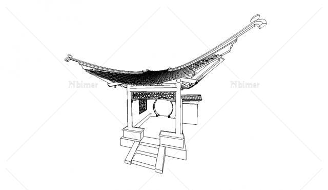景墙月洞方亭，接前面中式古建模型