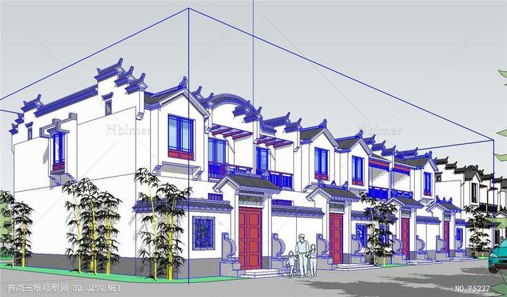 四连排徽派别墅建筑SU模型