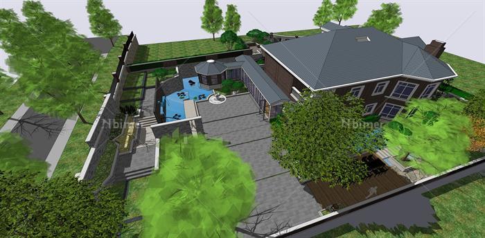 某美式乡村别墅建筑方案设计SU模型（含景观设计