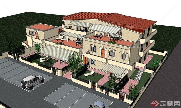 英式别墅庭住宅楼建筑设计su模型[原创]