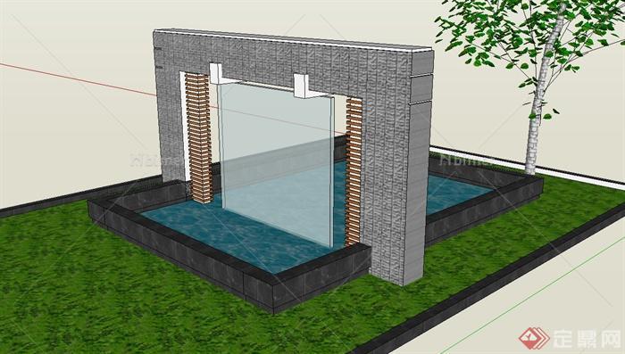 园林景观节点玻璃水景墙设计SU模型