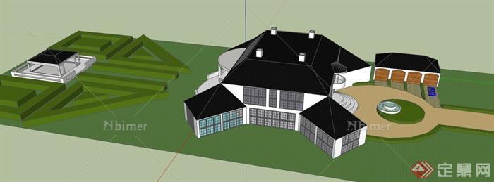 现代某特色别墅建筑设计SU模型