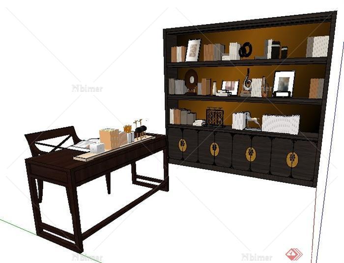 中式风格书桌椅及书柜su模型