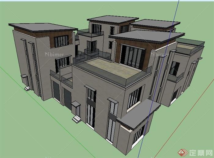 现代风格拼接三层小别墅建筑设计su模型