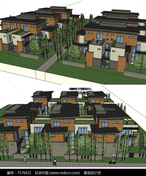 中式联排别墅模型建筑草图大师SU模型