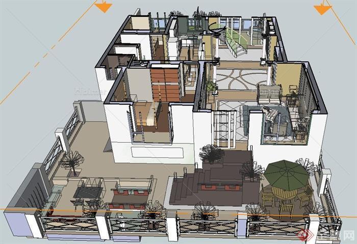 某美式风格复式住宅建筑空间装修设计SU模型