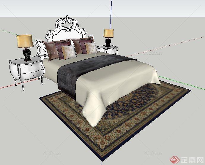 一组欧式风格床与床头柜su模型