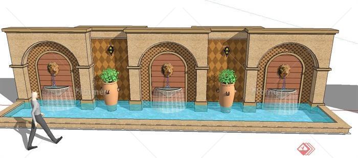 两款园林景观节点水景墙设计SU模型[原创]