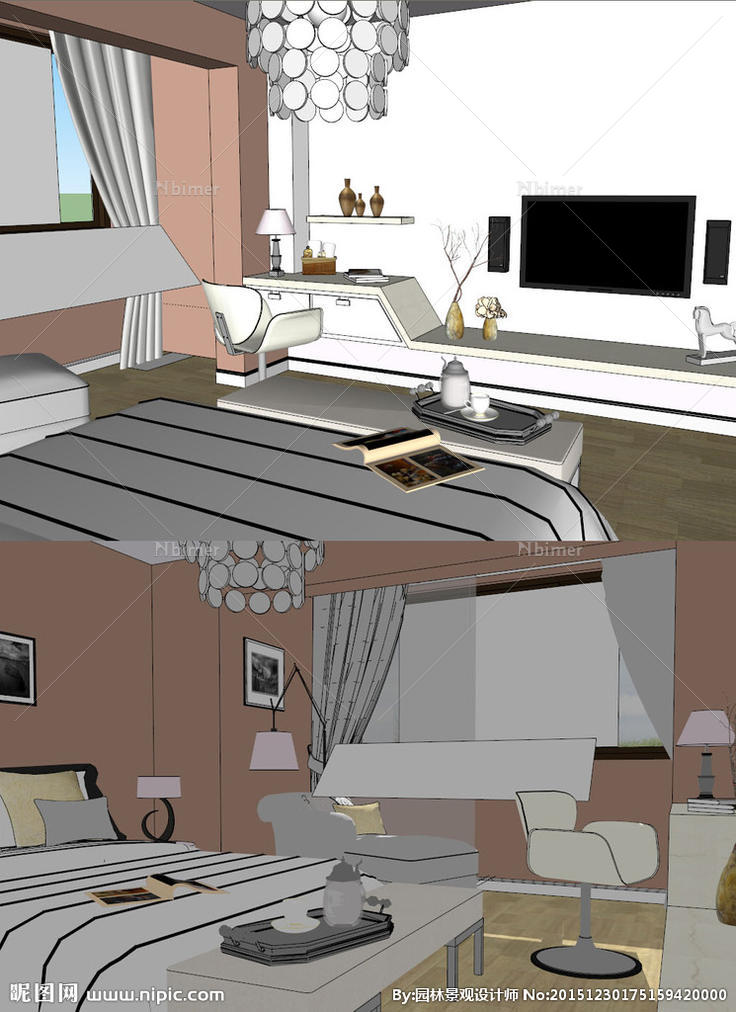 现代风格单身公寓草图SU模型图片