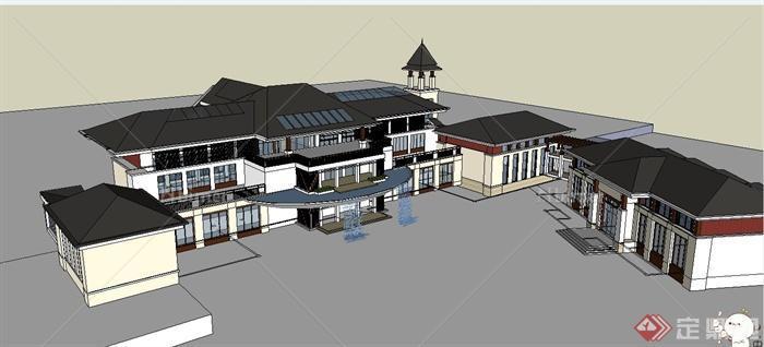 东南亚风格多层商业会所建筑设计SU模型