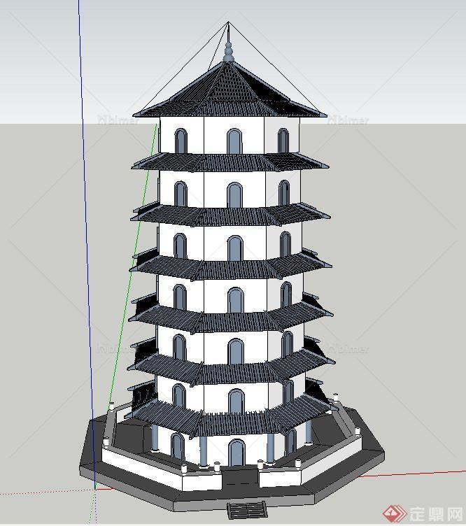 某古典中式七层塔楼建筑设计SU模型