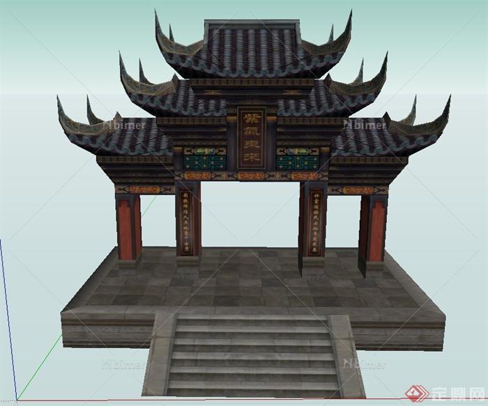 古典中式三层屋檐门廊设计SU模型
