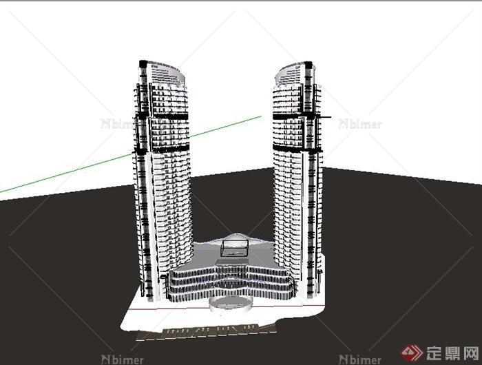 现代U型高层双塔办公楼建筑设计SU模型