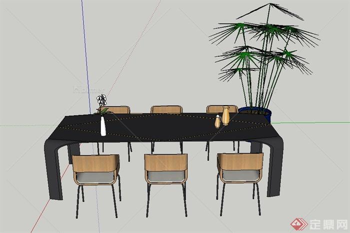 某现代简易六人方形餐桌椅设计SU模型
