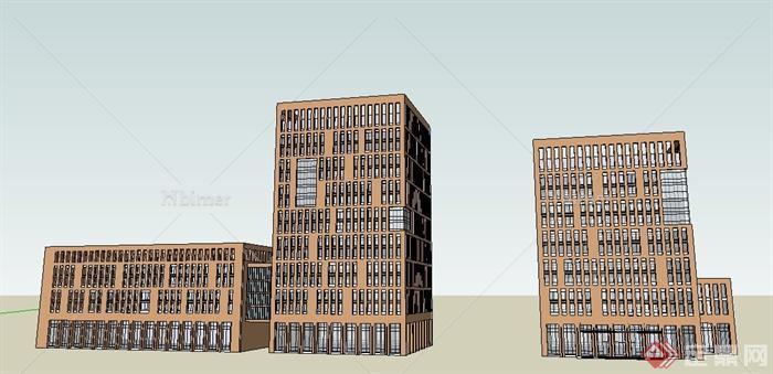 现代平顶多层及小高层办公楼建筑设计su模型[原创