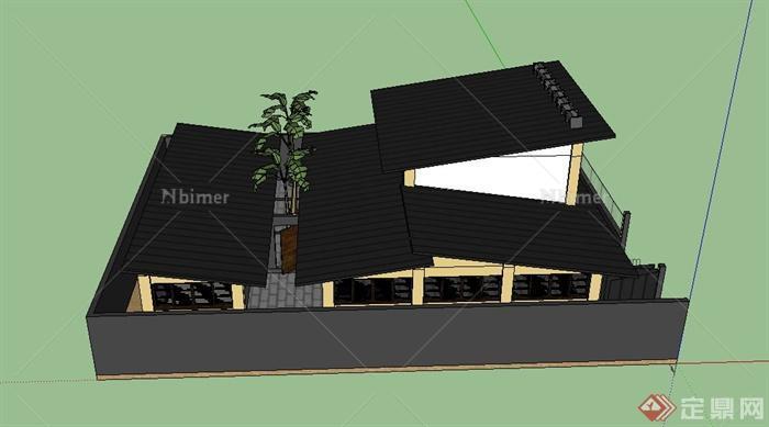 现代庭院式两层多栋住宅建筑设计SU模型