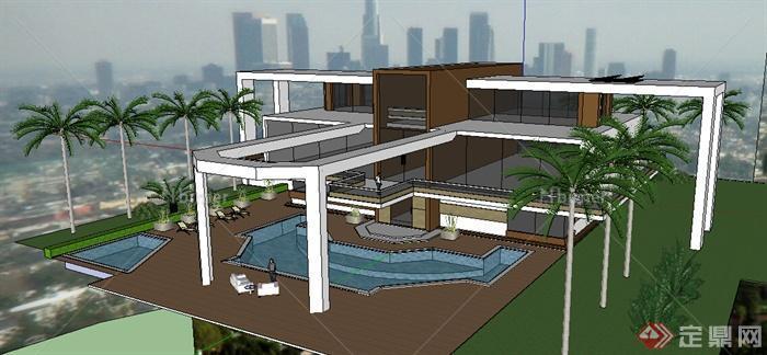 现代风格三层别墅建筑带游泳池设计SU模型
