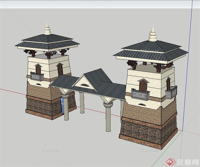 日式风格精致详细入口大门设计SU模型[原创]