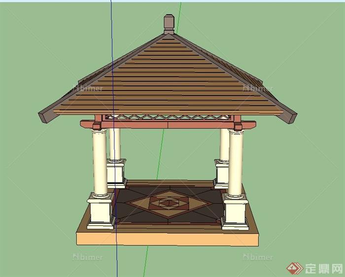 园林景观木制方形亭子设计SU模型