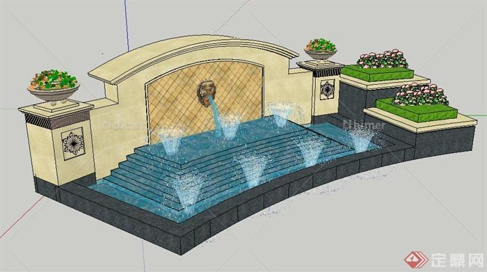 现代风格喷泉水景墙su模型