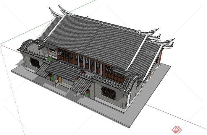 中国古典中式风格单层住宅楼建筑su模型[原创]
