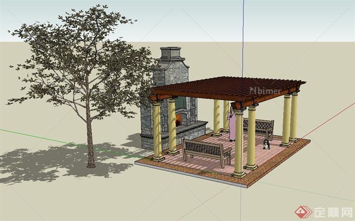 某庭院景观节点方形廊架设计SU模型
