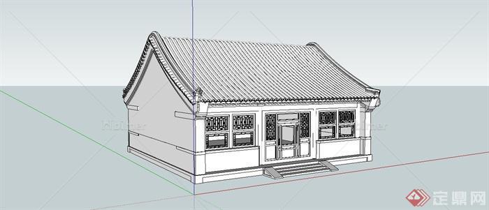 某简洁古典中式风格单层住宅建筑设计SU模型[原创