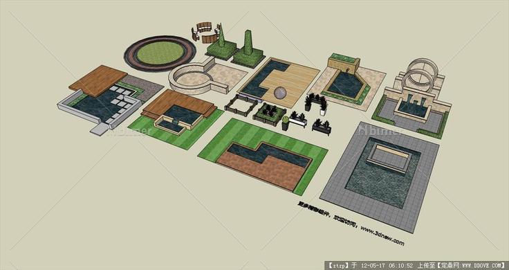 多个不同造型的草图大师模型 水池