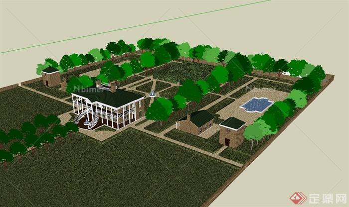 某美式独栋别墅建筑含种植园设计su模型[原创]