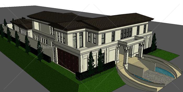 某欧式独栋别墅建筑设计方案SU模型（附CAD平面图