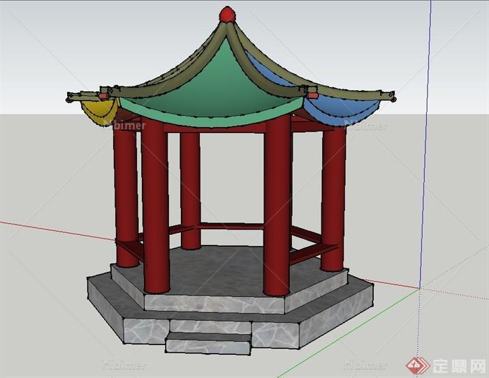 古典中式彩色六角亭设计SU模型