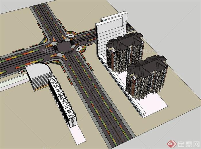 交通路口十字路设计及综合楼建筑设计su模型[原创