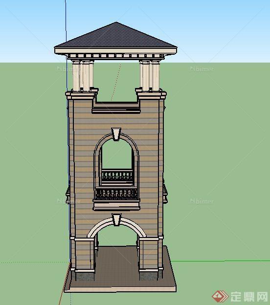 欧式方形三层塔楼建筑设计SU模型