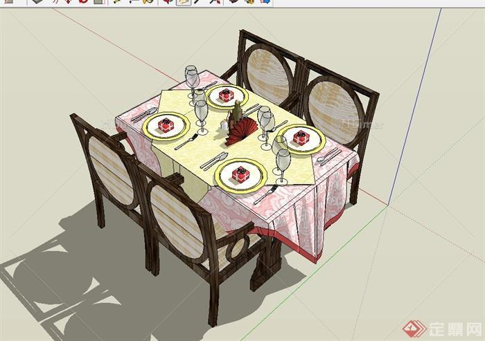 某现代中式风格室内精美餐桌椅设计SU模型[原创]