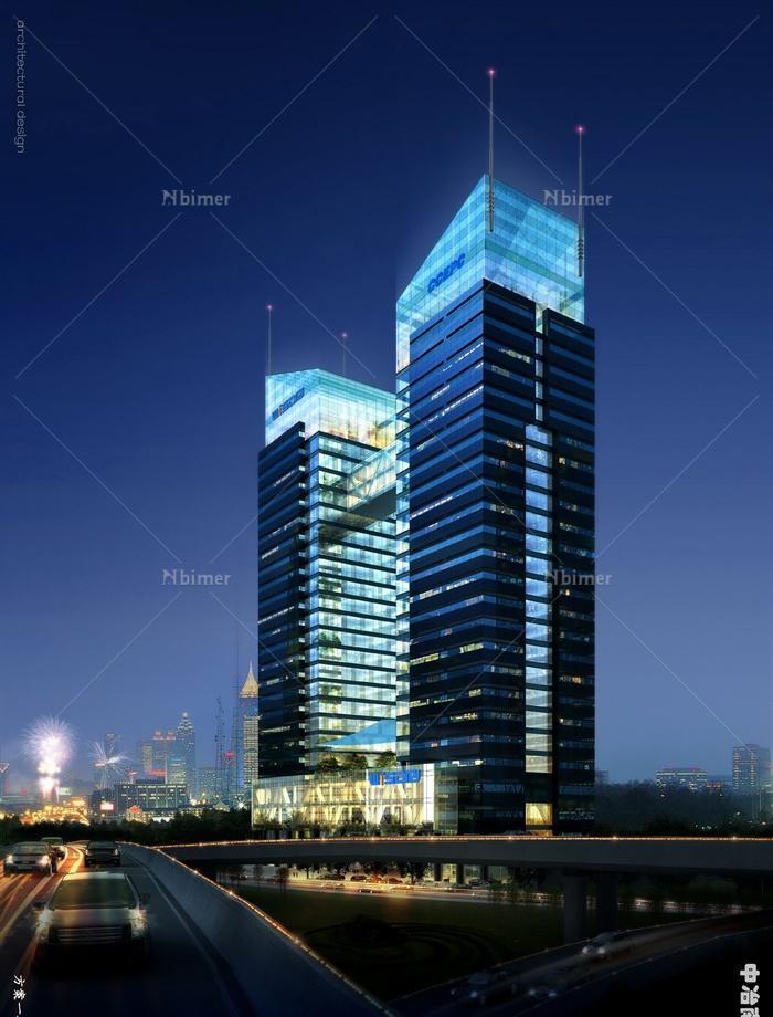 现代风格双子塔办公建筑大楼设计su模型及效果图