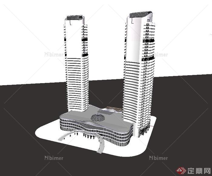 现代风高层双塔办公楼及商场综合体建筑楼设计su