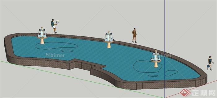 现代简约喷泉水池su模型
