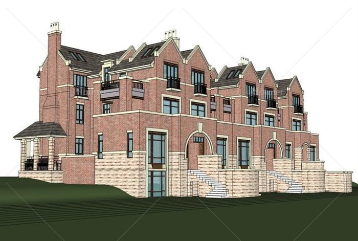英式风格联排别墅建筑设计su模型（含小区总平面