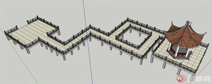 现代中式风格栈道及凉亭su模型